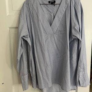 DKNY. Long sleeved, striped blouse, deep v-neck 100% cotton XL